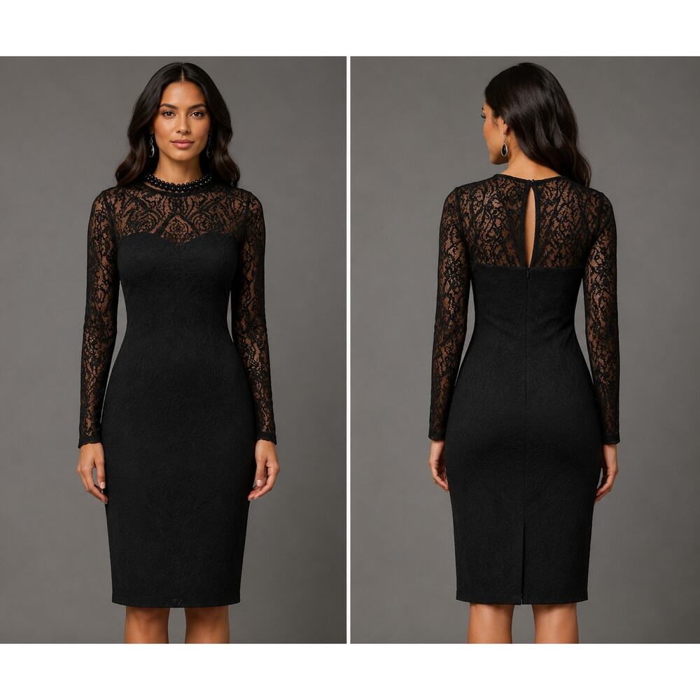 Cache Black Lace Dress Stretch Lined Sheer Shoulder Sleeves Key Hole $188 NWT